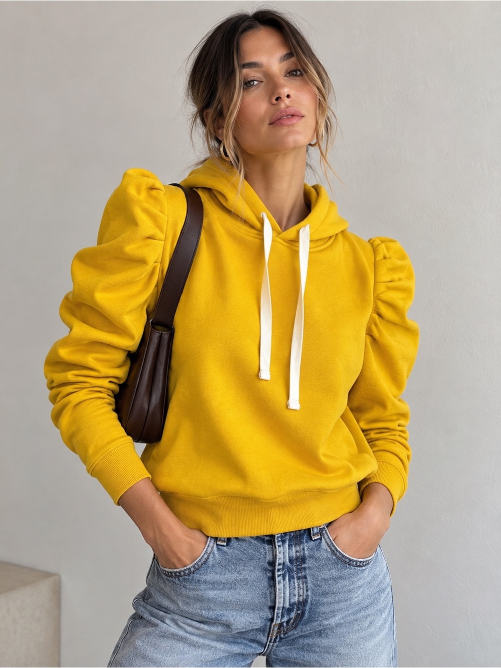 Rebecca Minkoff Puff Sleeve Hoodie Mustard Yellow Ruched Sweatshirt Size M